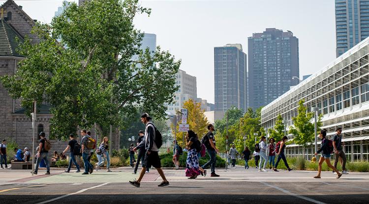 Students walking through Auraria Campus in between classes.
