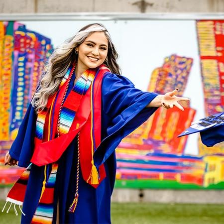 毕业生Nayeli西斯内罗斯扔掉她的毕业帽来庆祝毕业典礼.