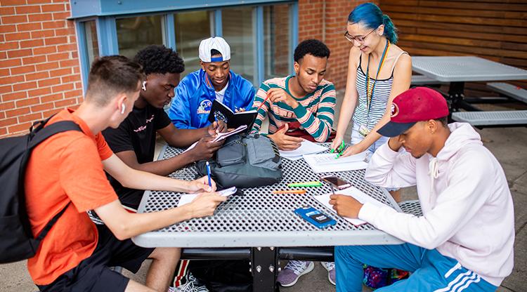 Students gather for a group study session outside the Tivoli Student Union.