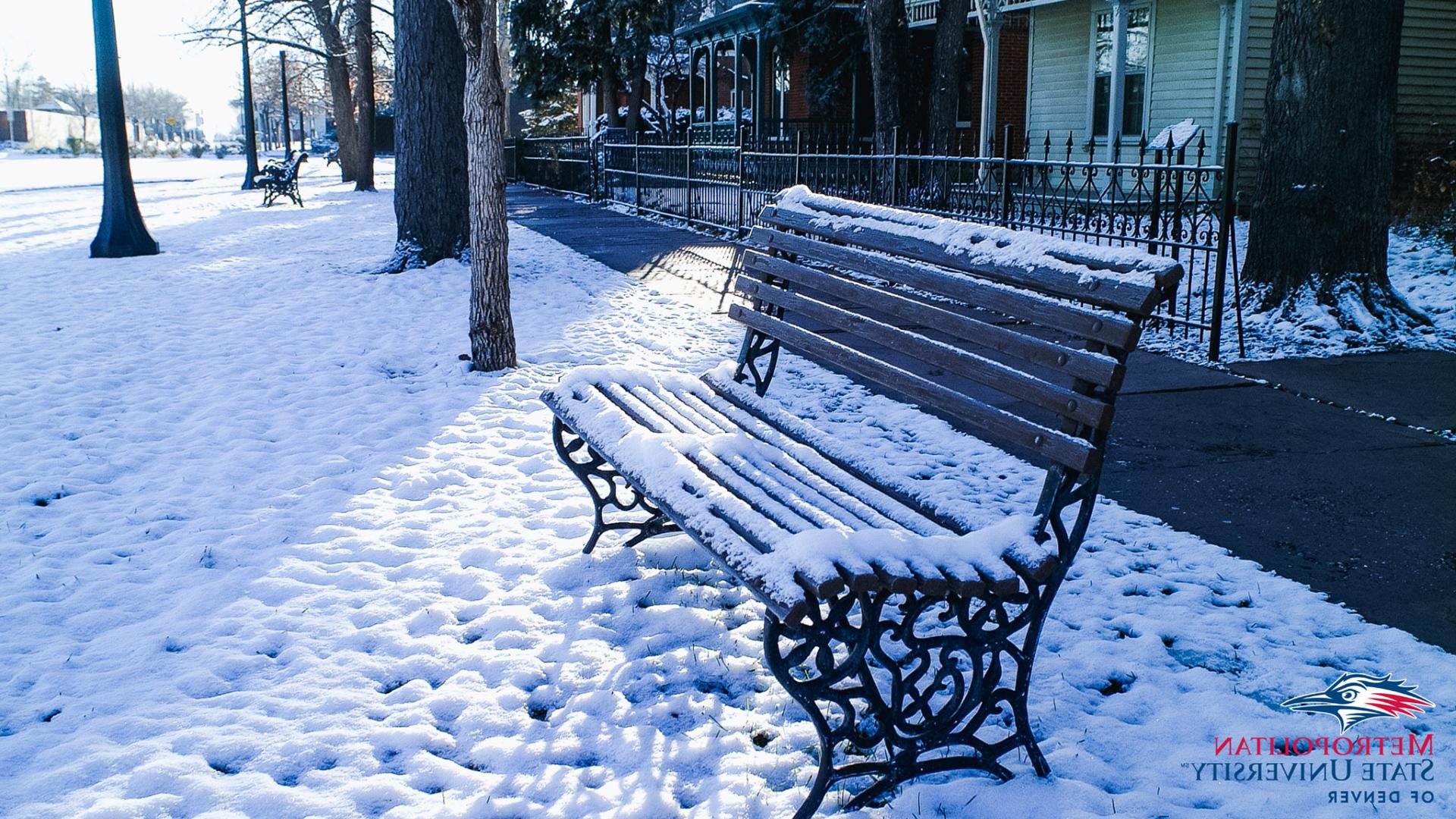 第9街历史公园的长椅被雪覆盖