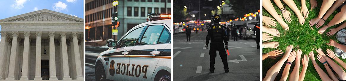 刑事司法职业拼贴:和平，警察，警车，首都大厦