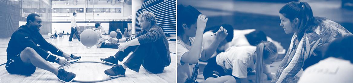 蓝白相间的图片，配上两张K-12体育老师和学生一起工作的照片.