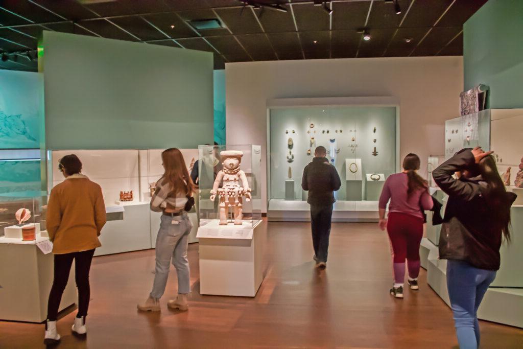 学生们在画廊里漫步并观察古代文物.