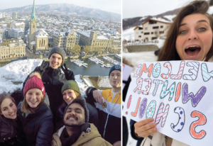 学生们以瑞士苏黎世的大雪为背景自拍. 一名学生举着一块牌子，上面写着“欢迎冬季学校”!"
