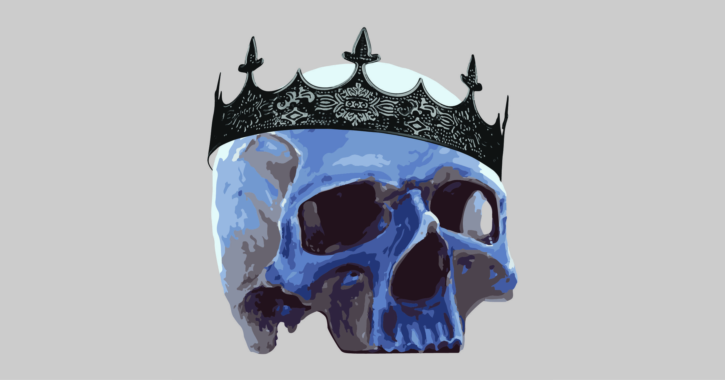 蓝色调的头骨，深灰色的皇冠在它的头上有一个角度